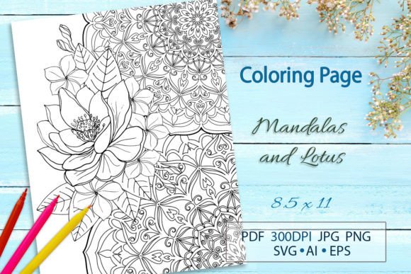 Lotus Flowers and Mandalas Coloring Page in Embroidery Work